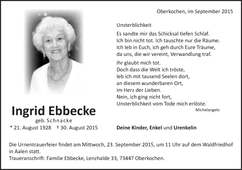  Traueranzeige für Ingrid Ebbecke vom 15.09.2015 aus Schwäbische Post