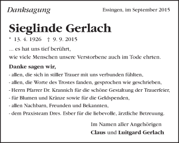 Traueranzeige von Sieglinde Gerlach von Schwäbische Post