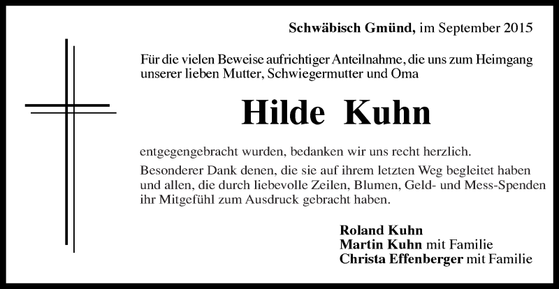  Traueranzeige für Hilde Kuhn vom 12.09.2015 aus Gmünder Tagespost