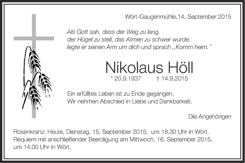  Traueranzeige für Nikolaus Höll vom 15.09.2015 aus Schwäbische Post