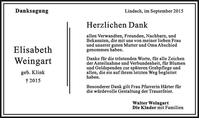  Traueranzeige für Elisabeth Weingart vom 08.09.2015 aus Gmünder Tagespost