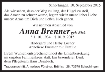 Traueranzeige von Anna Brenner