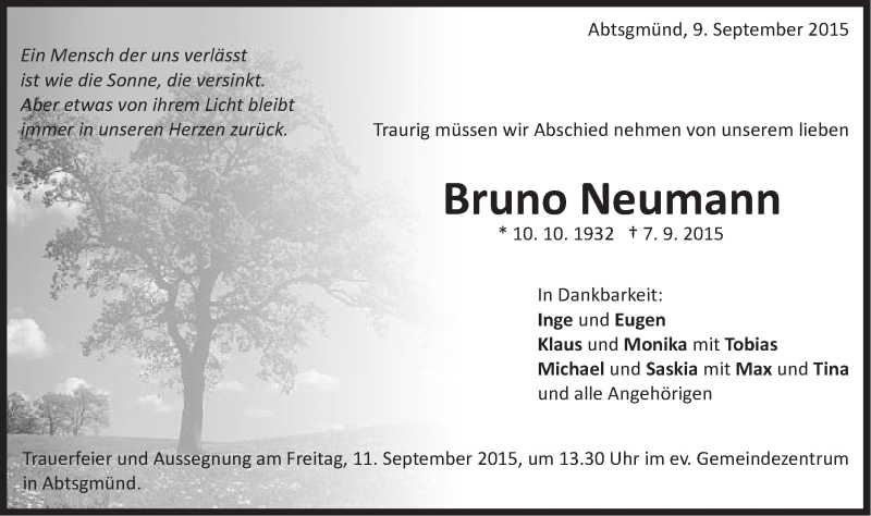  Traueranzeige für Bruno Neumann vom 09.09.2015 aus Schwäbische Post