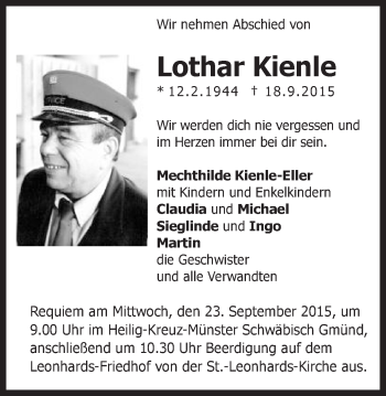 Traueranzeige von Lothar Kienle von Schwäbische Post