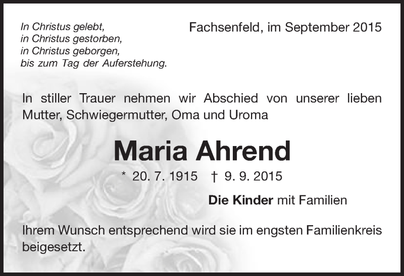  Traueranzeige für Maria Ahrend vom 11.09.2015 aus Schwäbische Post