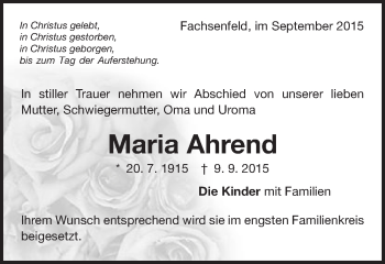 Traueranzeige von Maria Ahrend von Schwäbische Post