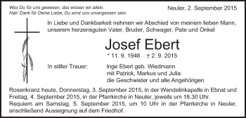 Traueranzeige von Josef Ebert von Schwäbische Post