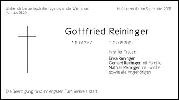 Traueranzeige von Gottfried Reininger von Schwäbische Post