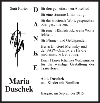 Traueranzeige von Maria Duschek von Gmünder Tagespost