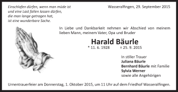 Traueranzeige von Harald Bäuerle von Schwäbische Post