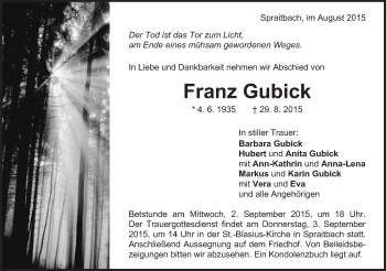 Traueranzeige von Franz Gubick von Gmünder Tagespost