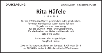 Traueranzeige von Rita Häfele von Schwäbische Post