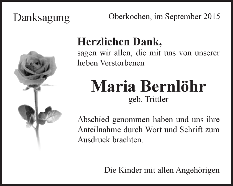  Traueranzeige für Maria Bernlöhr vom 11.09.2015 aus Schwäbische Post