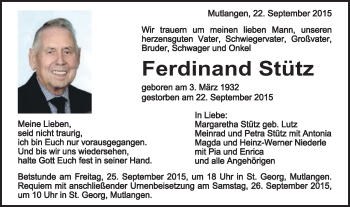Traueranzeige von Ferdinand Stütz von Gmünder Tagespost