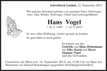 Traueranzeige von Hans Vogel von Gmünder Tagespost