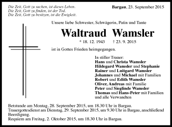 Traueranzeige von Waltraud Wamsler von Gmünder Tagespost
