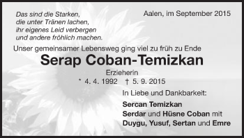 Traueranzeige von Serap Coban-Temizkan von Schwäbische Post