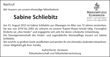 Traueranzeige von Sabine Schliebitz von Schwäbische Post