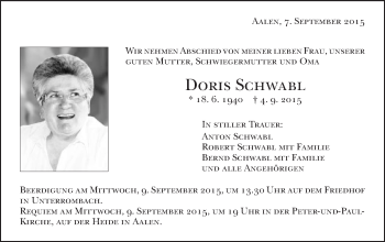 Traueranzeige von Doris Schwabl von Schwäbische Post