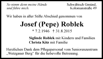 Traueranzeige von Josef Roblek von Gmünder Tagespost