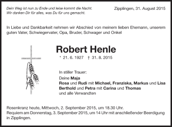 Traueranzeige von Robert Henle von Schwäbische Post