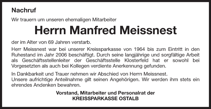  Traueranzeige für Manfred Meissnest vom 16.09.2015 aus Schwäbische Post
