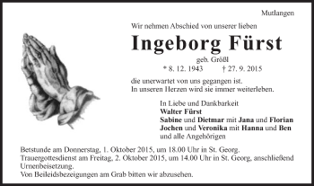 Traueranzeige von Ingeborg Fürst von Gmünder Tagespost