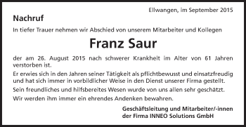 Traueranzeige von Franz Saur von Schwäbische Post