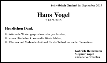 Traueranzeige von Hans Vogel von Gmünder Tagespost