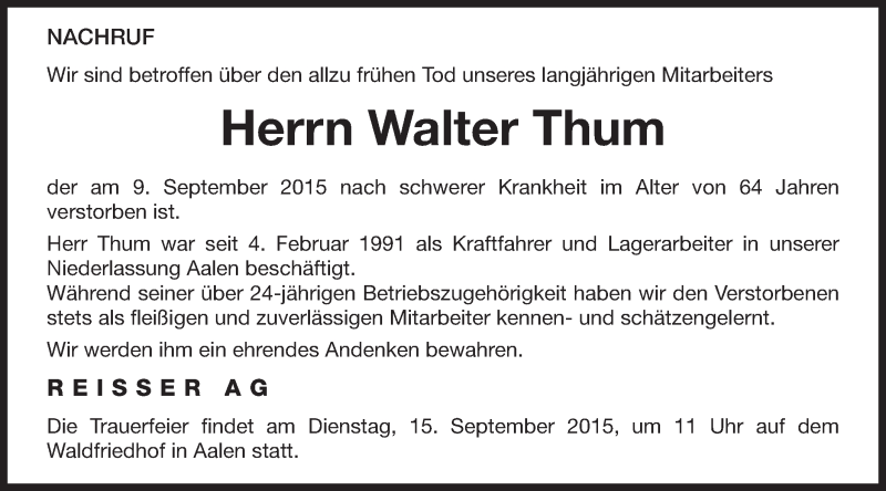  Traueranzeige für Walter Thum vom 15.09.2015 aus Schwäbische Post