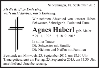 Traueranzeige von Agnes Haberl