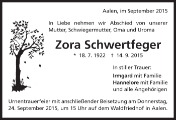 Traueranzeige von Zora Schwertfeger von Schwäbische Post
