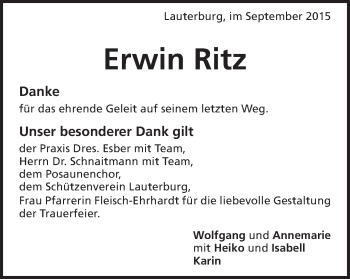 Traueranzeige von Erwin Ritz von Schwäbische Post