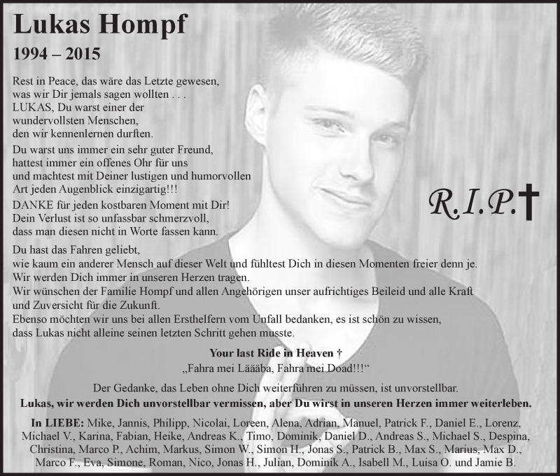  Traueranzeige für Lukas Hompf vom 17.09.2015 aus Schwäbische Post