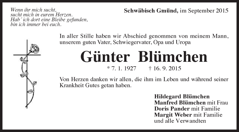  Traueranzeige für Günter Blümchen vom 25.09.2015 aus Gmünder Tagespost