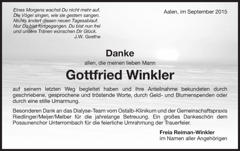  Traueranzeige für Gottfried Winkler vom 16.09.2015 aus Schwäbische Post