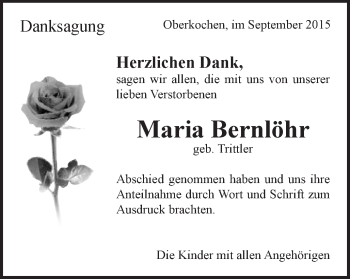 Traueranzeige von Maria Bernlöhr von Schwäbische Post