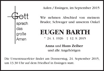 Traueranzeige von Eugen Barth von Schwäbische Post