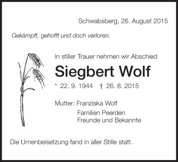 Traueranzeige von Siegbert Wolf von Schwäbische Post