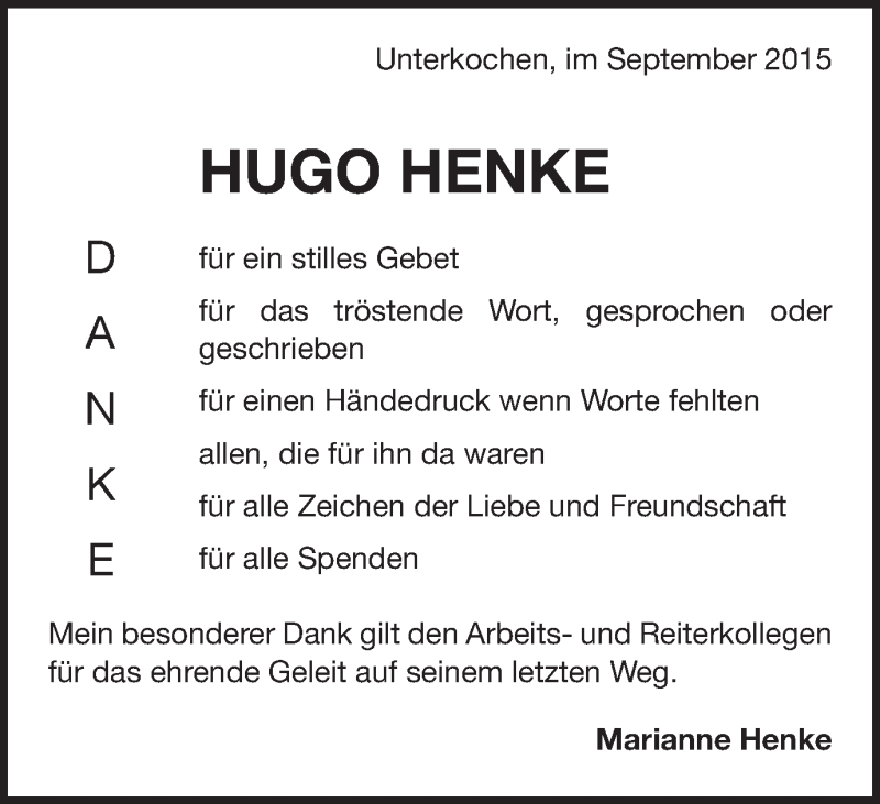  Traueranzeige für Hugo Henke  vom 12.09.2015 aus Schwäbische Post