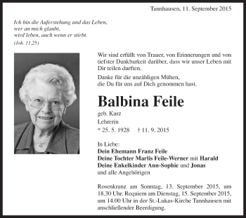 Traueranzeige von Balbina Feile von Schwäbische Post