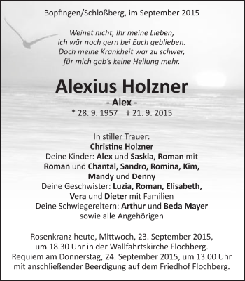Traueranzeige von Alexius Holzner von Schwäbische Post