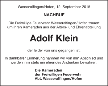 Traueranzeige von Adolf Klein von Schwäbische Post