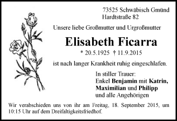 Traueranzeige von Elisabeth Ficarra von Gmünder Tagespost