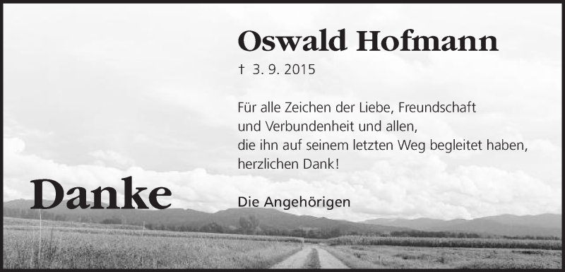  Traueranzeige für Oswald Hofmann vom 26.09.2015 aus Schwäbische Post