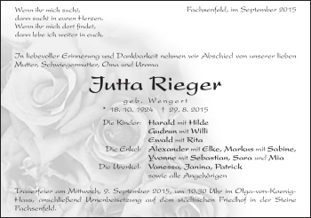 Traueranzeige von Jutta Rieger von Schwäbische Post