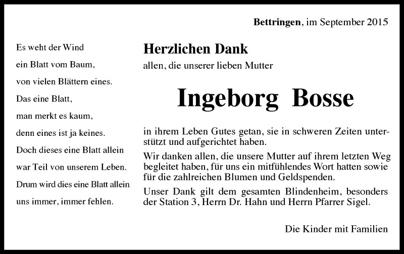  Traueranzeige für Ingeborg Bosse vom 01.09.2015 aus Gmünder Tagespost