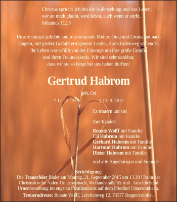 Traueranzeige von Gertrud Habrom von Schwäbische Post