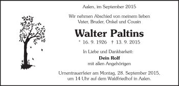 Traueranzeige von Walter Paltins von Schwäbische Post
