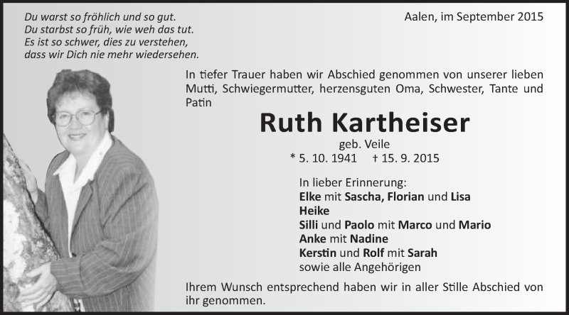  Traueranzeige für Ruth Kartheiser vom 29.09.2015 aus Schwäbische Post